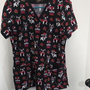 Scrubstar Black Scrub Top with Festive Dog Print